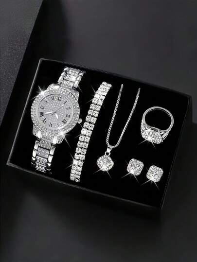7pcs Elegant Quartz Watch & Jewelry Set, Including Round Ladies Watch, Crystal Necklace, Earrings, Ring, Bracelet (No Gift Box)