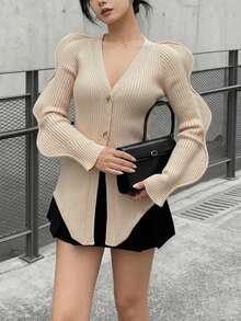 Women's New Black V-Neck Asymmetrical Metal Button Wavy Long Sleeve Asymmetric Hem Striped Textured Sexy Casual Office Knit Sweater, Autumn/Winter - Apricot - View 6
