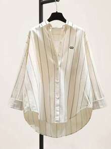 条纹字母图案 透明时尚 前短后长 刺绣 - 杏色 - 查看 3