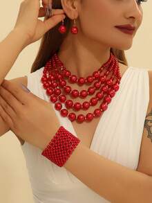 夸张多层蒲公英手工串珠仿珍珠项链、手链和耳环三件套，复古波西米亚风 - 紅色 - 查看 3