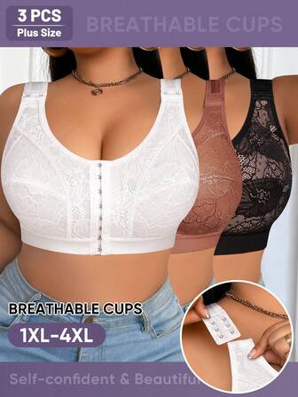 MEIYATING 3 piezas Sujetador sin aros con cierre frontal, encaje floral y tirantes ajustables para mujer talla grande con espalda en U