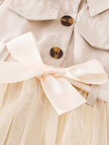 Baby Girls Cute Sleeveless Lapel Faux Pocket Button Splice Mesh Dress With Belt - Apricot - View 6