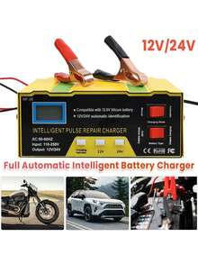 Cargador de batería para coche, 12 V/24 V, cargador inteligente de pulsos, mantenedor de batería con pantalla digital para coche, motocicleta, barco, batería de 12 V/24 V. - Amarillo - Ver 6