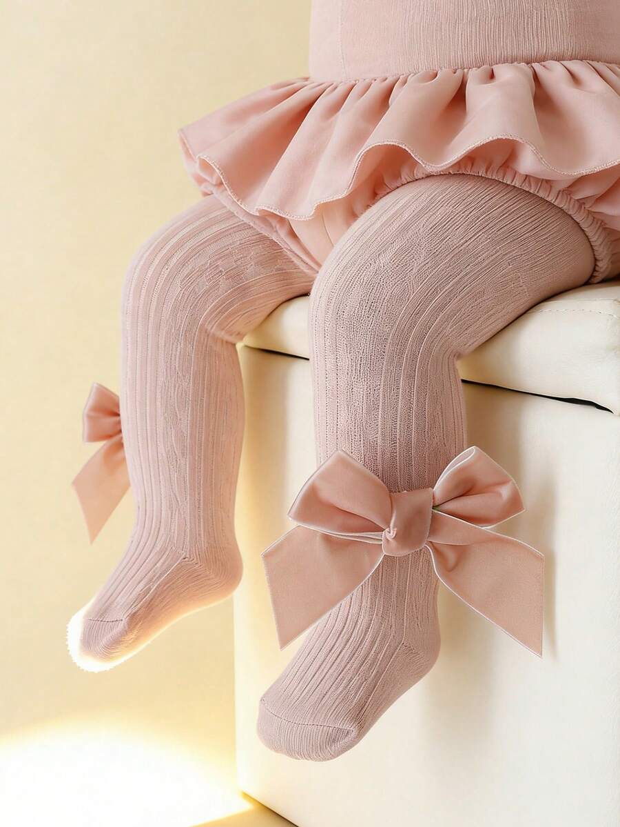 1 件装女婴蝴蝶结装饰基本款紧身裤，可爱舒适，适合婴儿尿布区，适合日常穿着