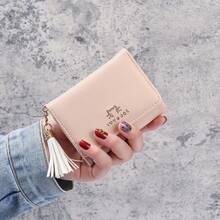 Cartera corta para mujeres estilo coreano y japonés con borla, cartera triple linda para estudiantes, tarjetero - rosa - Ver 11