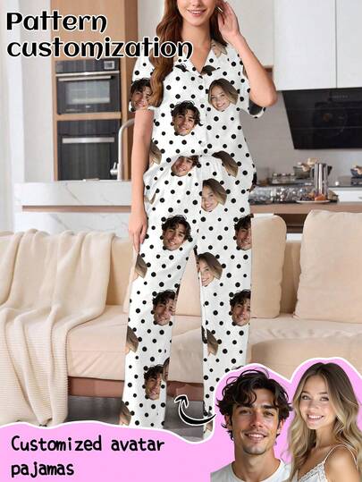 Printstory Customized Women Short Sleeve Cardigan Pajama Set, Can Print Any Pattern, Personalized Pajamas With Photos, Funny Customized Images Comfortable Sleepwear. Suitable For Valentine's Day, Birthday, Gifts And Other Occasions, Personalized, Colorful, Cute, Witty, Unique, Exclusive, Ideal Girlfriend Gift, Suitable For Girlfriend, Family, Friends, Elders, Fashionable For Autumn, Holiday Party