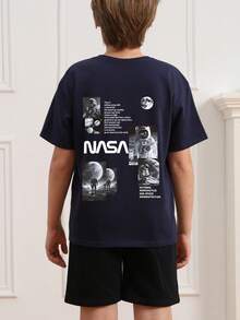 1pc Tween Boy Navy Space Graphic Print Short Sleeve T-Shirt, Summer Tops For Young Students - Navy Blue - View 2