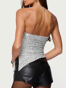 Women Sequins Tube Top Strapless Sparkly Split Hem Vest Shiny Glitter Going Out Bandeau Crop Tops 90s Streetwear - Bạc - Xem 3