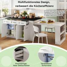 Multi-Functional Kitchenware With 150cm+96cm, White Ausziehbarer Esstisch, Black/White Marble Holzarbeitsplatte/Tisch, Integrated Stauschränke, Ideal For Family Dishes, Potluck Dinners - White - View 4