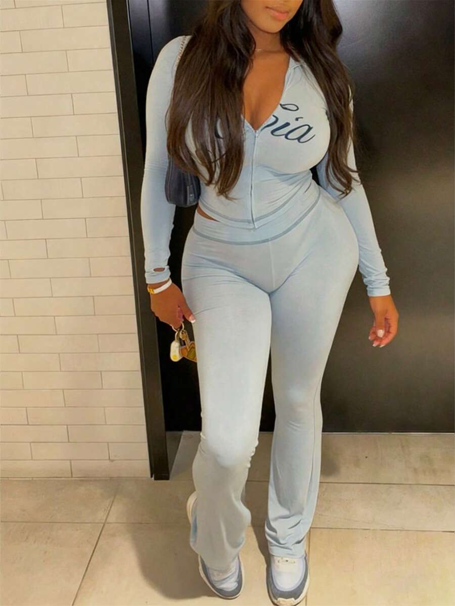 FQLWL 女士休闲街头风运动套装，印花拉链连帽衫和长裤套装，长袖两件套