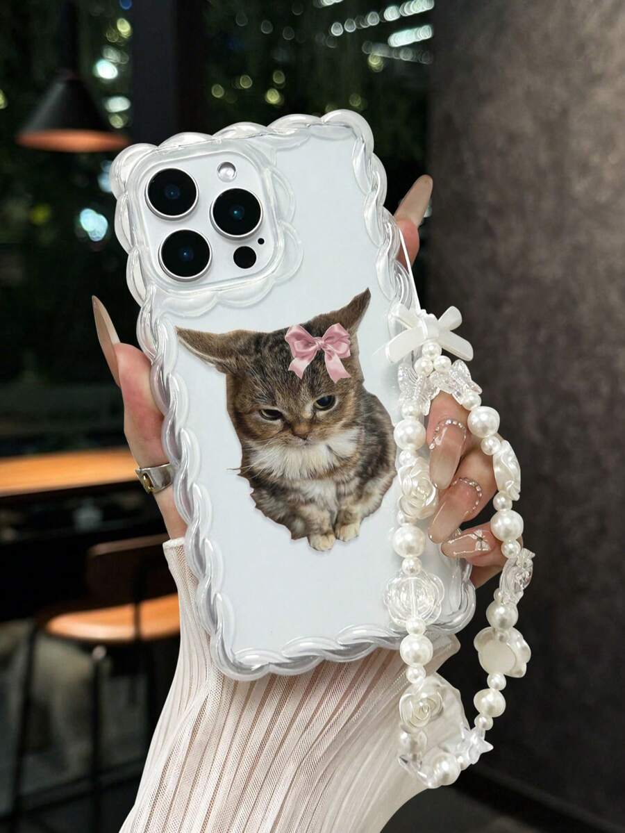 卡通猫咪彩绘编织波浪边透明手链,平面印花彩色防摔时尚可爱,兼容 17/17 Pro/17 Pro Max、16/16 Pro/16 Pro Max/16 Plus、14、15、XS、XR、7/8 Plus,欧美风格,P15 Pro Max、P14、P13、P12软壳,P11防摔创意手机壳 - 彩色 - 查看 1