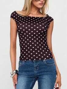 Women Y2k Polka Dot T Shirts Tops Short Sleeve Boat Neck Slim Fit Crop Top Summer Casual Tee Shirt Going Out Tops Blouse Party Club Daily Streetwear - màu nâu - Xem 4