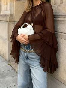 Women Long Bell Sleeve Sheer Mesh Tops See Through Chiffon Ruffled Casual Loose T-Shirt Flowy Shawl Coverups - màu nâu - Xem 4