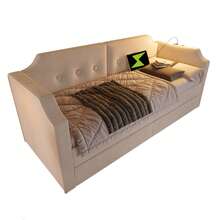 Upholstered Sofa Bed 90x200 Cm With USB Type-C Reading Light, Sleeper Sofa Daybed With 2 Storage Drawers, Children's Bed, Youth Bed, Bed Frame With Slatted Base Made Of Wood, Velvet, Beige (Without Mattress) - Beige - View 3