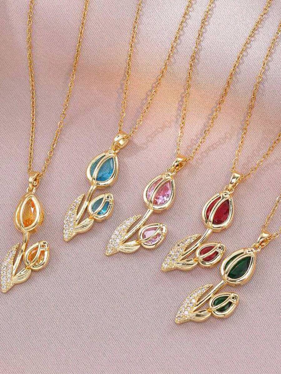 1pc Stainless Steel Zirconia Chain With Flower Pendant Necklace, Fashionable Jewelry, Versatile Minimalist Design, Gift Accessory - Multicolor - View 1
