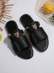Women's Black Flat Slide Sandals With Metal Leopard Head Buckle Decoration, Open Toe, Slip-On, Fashion Summer New Elegant Casual Versatile Ladies Flat Slippers - Black - View 11