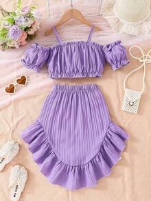 Young Girls Vacation Fuchsia Open Shoulder Puff Sleeve Top + Ruffle High Waist Skirt 2Pcs Set, Sweet And Playful, Suitable For Vacation, Travel And Beach Party, Fits Girls Aged 4-7, Spring/Summer - Purple - View 2
