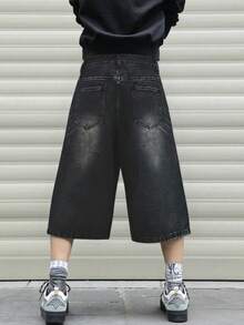 1 Stück amerikanische High-Street gewaschene, abgenutzte schwarze weite Bermuda Jeans-Shorts (Gürtel und Zubehör nicht enthalten)