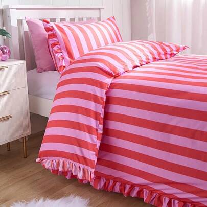 OHS Double Duvet Set Stripe Frill, Ultra Soft Cosy Fabric Vibrant Stripe Pattern With Ruffle Frill Edges Luxurious Double Bedding Set & 2 Pillowcases, Pink/Red