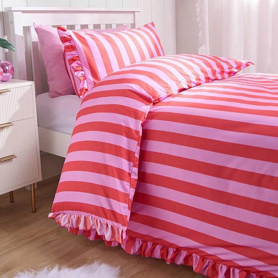 OHS Double Duvet Set Stripe Frill, Ultra Soft Cosy Fabric Vibrant Stripe Pattern With Ruffle Frill Edges Luxurious Double Bedding Set & 2 Pillowcases, Pink/Red - Pink - View 1