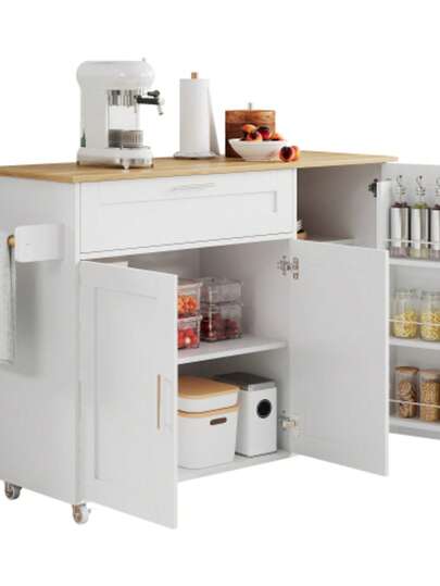 L132.5*B44(70)*H90cm Large Mobile Kitchen, Arbeitsplatte Klappbar, Eiche Maserung, Multifunctional Schrank, Gewürzregal, Handtuchhalter, 5 Rollen, Geeignet Für Küche/Essen/Haus