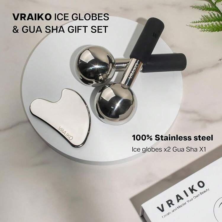 Globos de Hielo para Faciales y Set de Gua Sha, Herramientas Faciales de Gua Sha y Barras Criogénicas con Acero Irrompible, Rodillos de Masaje Facial para Ojeras, Hinchazón y Drenaje Linfático (Blanco) - Negro - Añade 6