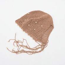 Merry Christmas/New Year Fashion Crochet Tassel Head Wrap Hat For Women, Beige Pearl Decor Boho Turban Hat, Breathable Knitted Headscarf Cap, Stylish Tassel Design Headwear For Party/Photo Shoot, One Size Fits Most,  Head Accessory For Daily Wear & Holiday Outfits - Màu Đỏ Sâu - Xem 7