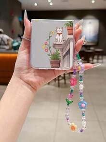 1PC Fashion Matte PC Material Cute Potted Cat Element Folding Phone Case, Paired With Same Color Bracelet, Can Protect And Prevent Falling: SamsungGalaxy Zflip 3/Zflip 4/Zflip 5/Zflip 6/Zflip 7/OPPO Find N3 Flip/ Razr 50 Ultra/ Razr 60 Ultra/ Rallazar 60/ Razr 50/XiaomiMIX Flip/Galaxy Z Flip7 FE - Clear - View 3