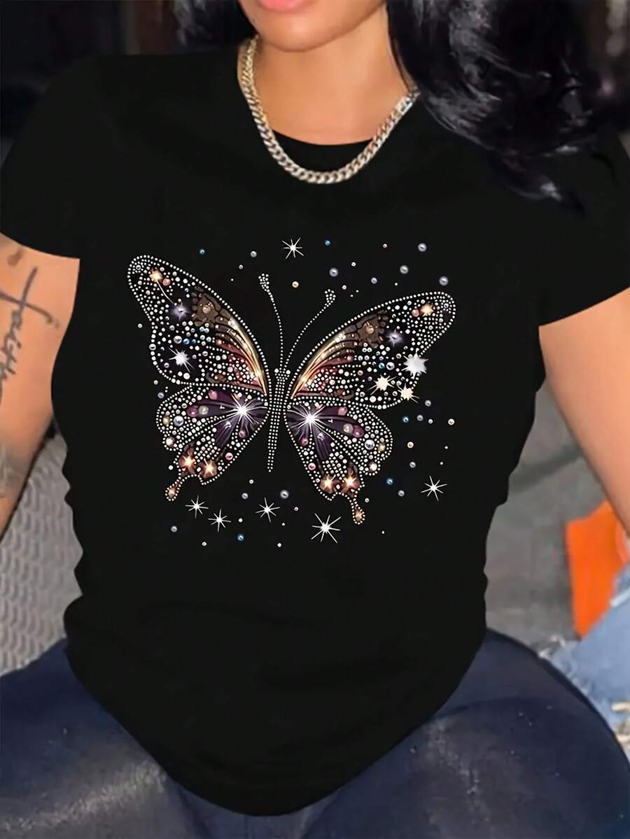 Blusas de primavera para damas, blusas para mujer, camiseta de manga corta con cuello redondo, nuevo modelo primavera-verano 2026, blusa exclusiva de manga corta para , con diseño de mariposas, cómoda y transpirable, versátil para el uso diario, camiseta casual que estiliza la figura. - Negro - Ver 1