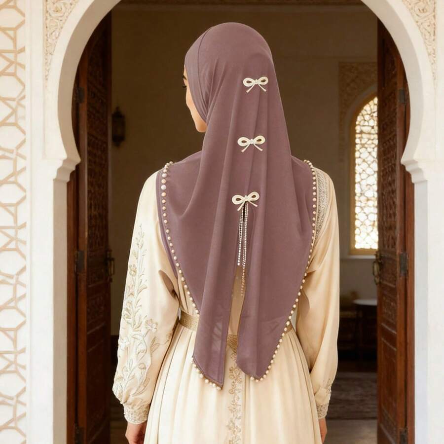Women Head Scarf, Elegant Bow Pearls Slit Hijab Scarf Lightweight Middle East Fashion Accessory - 紅木色 - 查看 1