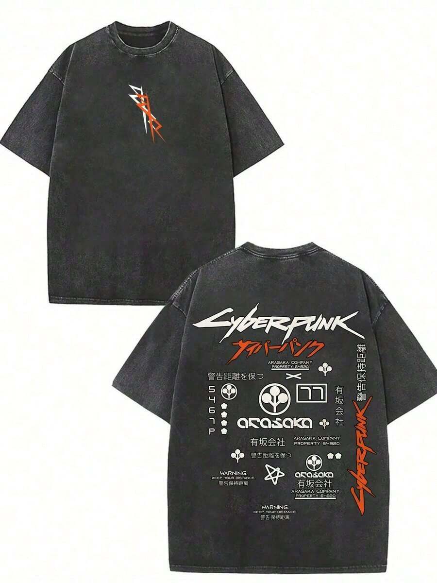GLEC Japanese Cartoon Anime, Y2K Cyberpunk, Simple And Versatile For All Seasons, Retro And Fashionable, Popular Letter-Printed T-Shirt Made Of Washed Cotton (230 G), Suitable For Men, Can Be Worn All Year Round. High-Quality Retro Fashion Brand T-Shirt, Loose, Soft, Comfortable, Black, Casual, Suitable For Outdoor Use All Year Round, With A Certain Thickness. It Is Suitable For Daily Use, As A Gift For Friends, And As A Gift For The Start Of School. - 黑色 - 查看 1