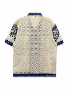 男女通用印花衬衫，黑白几何图案，波西米亚夏威夷风，情侣款，镂空格纹，休闲外向，年轻人款，休闲度假衬衫，情人节礼物，短袖，夏威夷风 - 杏色 - 查看 2