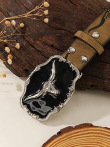 1pc Fashionable Funky Fantasy Bold Heavy Metal Embossed Brown PU Leather Cool Rock Grunge Vintage Gothic Style 2D Square Cross Western Buckle Y2K Men's Belt Young Boy For Parties, Proms, Sparkling Decorations, Outings, Daily Casual Outing Wear Summer, School Casual, Business, Boyfriend Husband Father Dad Men Gift, Daily Wear - Coffee Brown - View 2