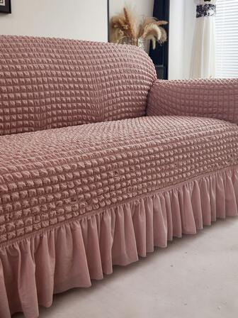 1pc Pink Bubble Chiffon Ruffled Elastic Sofa Cover, Fits 3/2/4/1 Seater Sofa, Dust-Proof And Dirt-Resistant, Stretch Full Coverage Sofa Protector, Washable For Home Decor