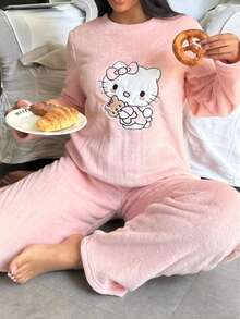 SANRIO 2件套女士Hello Kitty加厚绒宽松长袖上衣+舒适长裤可爱睡衣套装 - 粉色 - 查看 2