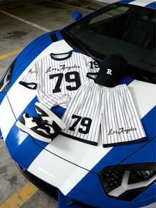 2pcs/Set Boys Casual Sports Minimalist Comfortable Outfit, Number 79 Los Angeles Letter Print Baseball Style Striped Design Short Sleeve T-Shirt And Matching Shorts Set, Spring/Summer - White - View 9