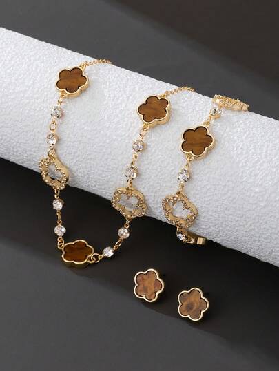 1 Set Damenschmuck: 1 Stück romantischer, zarter, luxuriöser, eleganter, süßer, glücklicher Kleeblatt-Anhänger-Halskette mit Strass, 1 Stück Armband, 1 Paar Ohrringe