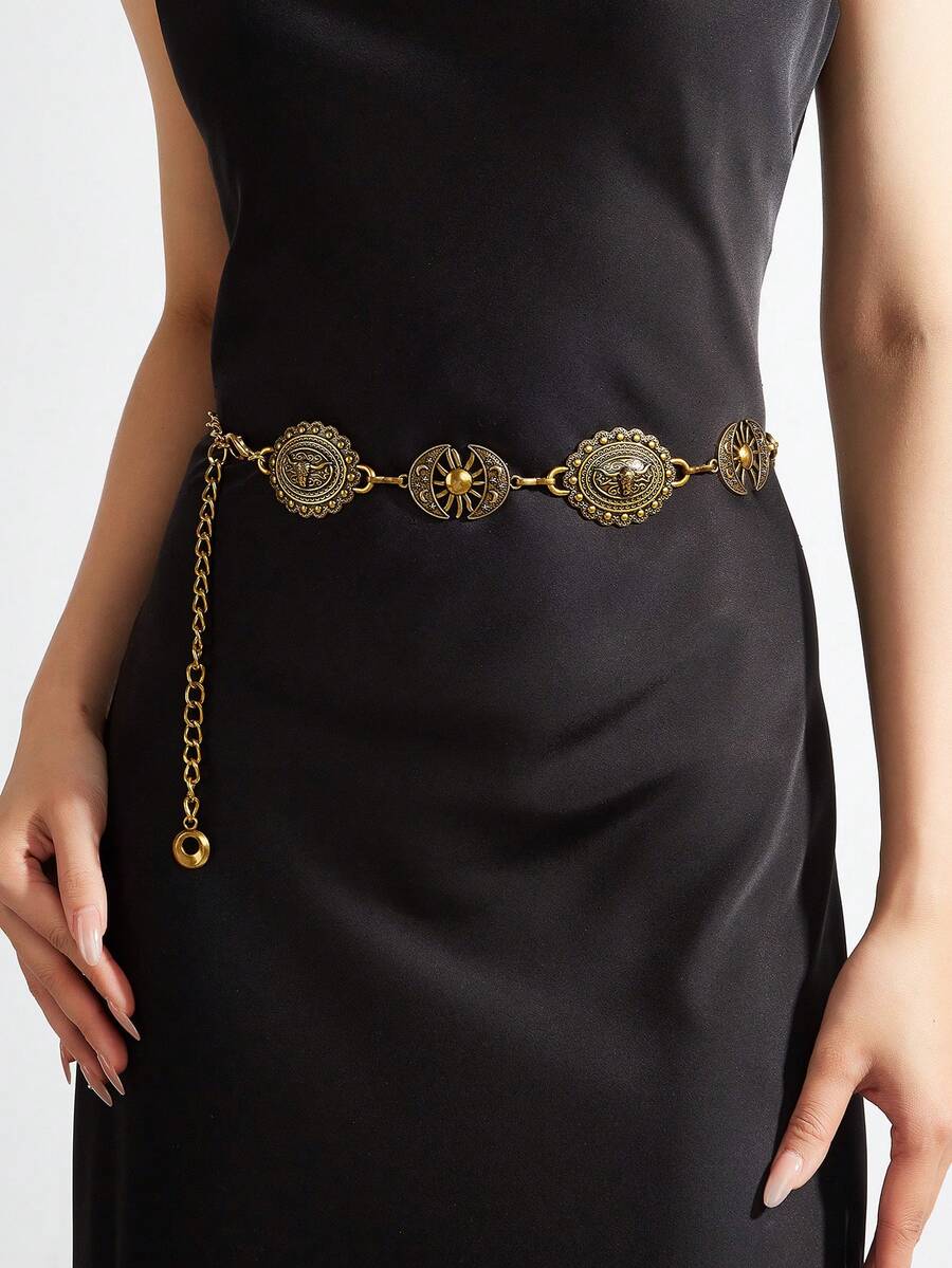 1件女士仿古青铜牛头和心形金属装饰品，组合金属饰品，可用于连衣裙、外套、休闲腰链，百搭西式风格 - 銅色 - 查看 1