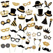 16/40 Pcs Fun Photo Booth Props Set Black & Golden Photo Booth Props Kit Hats Tie Crowns Mustache Paper Photo Props For Birthday Wedding Graduation Prom New Year Selfie Accessories - Black Gold - View 9