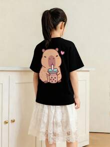 Girls & Teenagers School Student Casual Printed Black Crew Neck Short Sleeve T-Shirt, Summer Top - Black - View 2