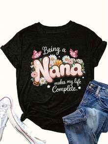 Camiseta Casual Negra para Mujeres con Estampado Floral Ser Nana Hace Mi Vida Completa - Ajuste Holgado, Manga Corta, Cuello Redondo, Top de Moda de Verano para Mujeres, Ropa Casual| Blusa con Estampado Floral| Ajuste cómodo - Negro - Ver 5