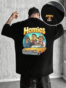 Homies Car Club Summer Graphic Tee, Crew Neck, Loose Fit, Casual, Comfortable Fit, Unique Graphic Print, Double-Sided Print - 黑色 - 查看 1