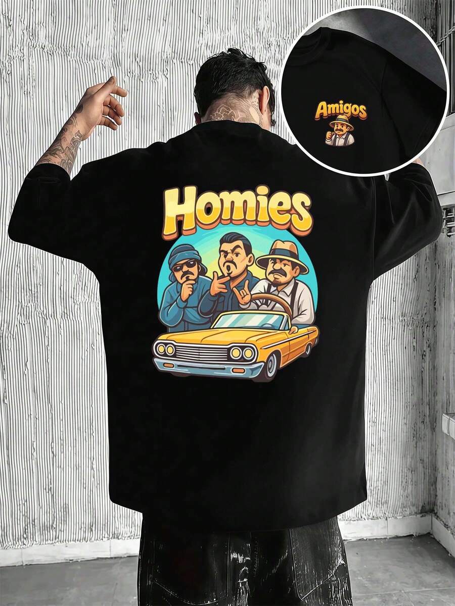 Homies Car Club Summer Graphic Tee, Crew Neck, Loose Fit, Casual, Comfortable Fit, Unique Graphic Print, Double-Sided Print - 黑色 - 查看 1