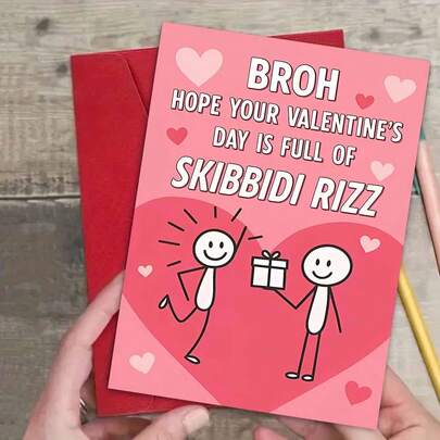 1pc "Broh Hope Your Valentine's Day Is Full Of Skibidi Rizz" Viral Meme Valentine's Card – Playful Pink Design With Stick-Figure Friends (Plus Heart Accents) And Internet Slang. Perfect For Gifting To A Buddy On Valentine's Day, Blending Modern Meme Humor With Casual, Fun Vibes. Lighthearted, Quirky Tone, Includes Red Envelope – A Delightful, Relatable Card To Joke About Their "Rizz" (Charm) This V-Day.