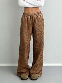 Pantalones anchos con estampado de leopardo para mujer, cintura alta elástica, estilo Y2k, holgados - Marrón - Ver 5