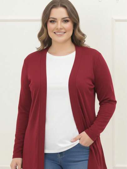 Casaco Cardigan Feminino Liso Fenda Plus Size Kimono