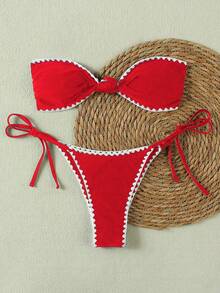 Women's Elegant Red & White Striped Lace Backless Sexy Beach Vacation Bikini Set, Suitable For Valentine's Day Summer - Red - View 2