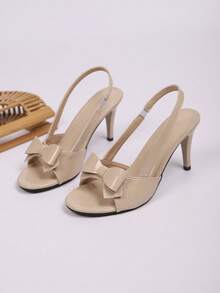 女士尖头高跟凉鞋，露趾蝴蝶结露跟派对及工作鞋，法式甜美风格百搭 - 杏色 - 查看 6