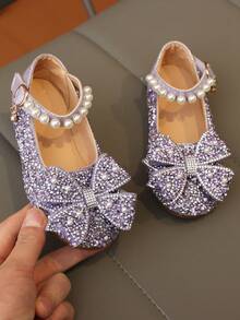 2026新款时尚百搭加大码粉色女童珍珠水钻蝴蝶结装饰可爱平底鞋，圆头，适合春秋季日常穿着、跳舞、户外活动，闪亮装饰闭趾公主芭蕾舞鞋，尺码偏小半码 - 紫色 - 查看 10