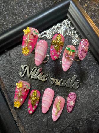 10pcs Y2K Style Handmade Almond Shaped Acrylic Nail Set, Pink Nails, Rose Red & Pink French, Handpainted Geometric Patterns & Hearts & 3D Water Drops, Decorated With 3D Butterflies & Flowers & Cherries & Stars & Roses & Diamonds, Full Coverage Press-On Nails